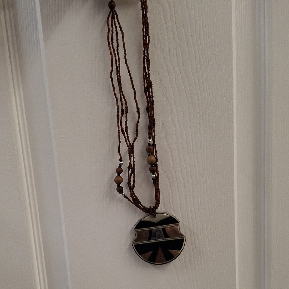 Brown Beaded Necklace with Geometric Pendant